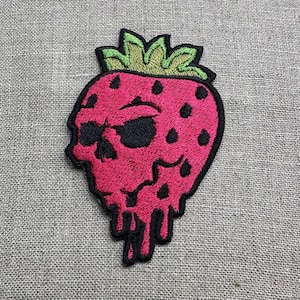 Strawberry Skull Embroidered Iron-On Patch – Gothic Punk Style