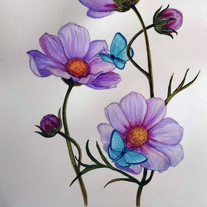 Arte floreale con cosmos ad acquerello, fiori viola con farfalle blu, pittura floreale originale, bouquet di fiori Cosmeia per il mese di nascita