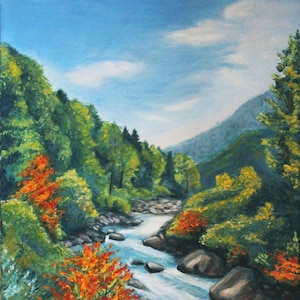 Mountains river original oil painting, Nature Realism art, Modern green landscape, Plein air painting, National park Forest Foggy mountains
