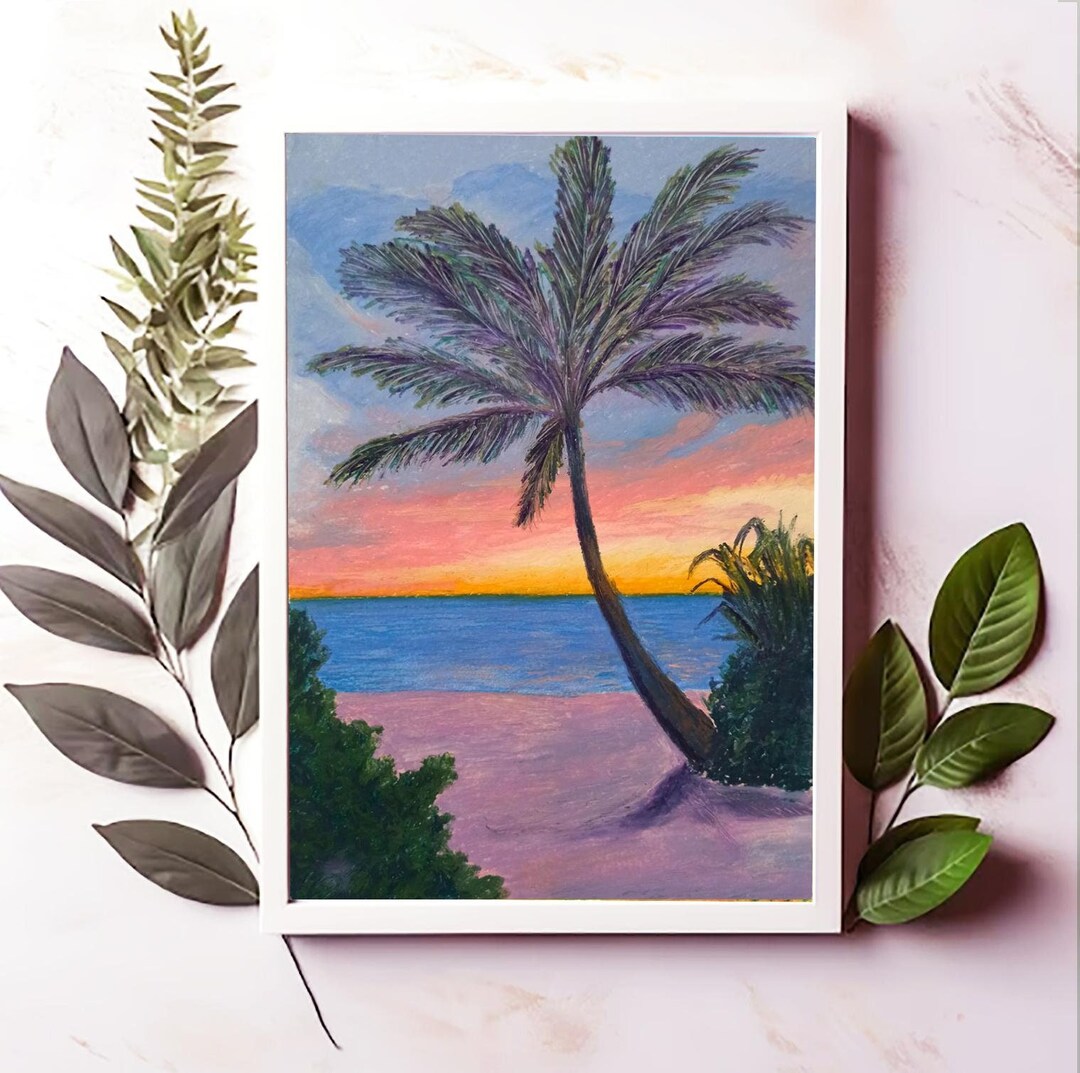 Palm Tree Painting, Costa Rica, Oil Pastel Art, Sunset Seascape