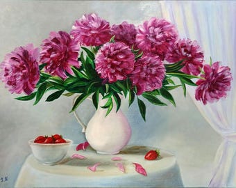Peony Oil Painting: Pink Floral Bouquet Still Life Art