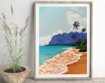 Arte de playa tropical: Pintura marina al óleo pastel (20 x 28 cm)