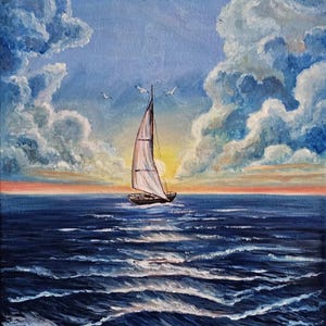 Ship painting, Original Seascape Oil Landscape, Hand painted Ocean artwork, Sunset, Impressionist Art, Sailing Boat in the Sea
