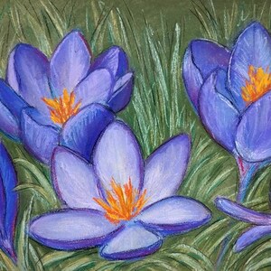 Сrocus, spring flowers pastel original painting, botanical floral artwork 8x12 in, Crocuses in Forest Original, Mother's Day Gift