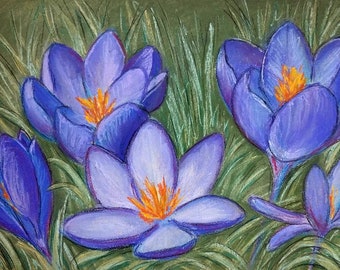 Сrocus, spring flowers pastel original painting, botanical floral artwork 8x12 in, Crocuses in Forest Original, Mother's Day Gift