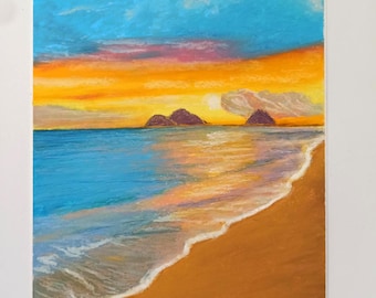 Paisaje marino con atardecer tropical: pintura original al óleo pastel de playa (20 x 28 cm)