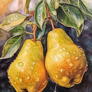 Hyperrealistic Pear Watercolor Painting: Botanical Kitchen Still Life Art