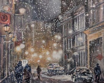 Urban Winter Night City, Watercolor Painting, Snowy Houses, Street Lights,Road, Original Art A4
