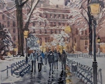Urban Winter Evening City, Watercolor Painting, Street Lights,Road, Original Art A4
