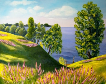 Ukrainian Summer Landscape Oil Painting, Flower Field, River Wall Art