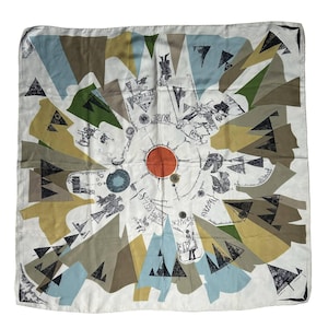 May include: A square scarf featuring a central orange circle surrounded by a white field with black line illustrations of figures, animals, and the text "SUISSE" and "SCHWEIZ". The border has radiating triangular shapes in blue, green, and tan.