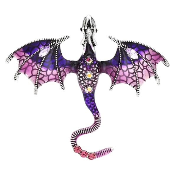 Enamel Dragon Brooches - Purple Color Rhinestone Flying Legendary Animal Pins for Women and Men - Unique Gift Idea