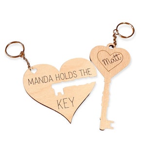 Personalized Heart and Key Wood Keychain for Valentines day
