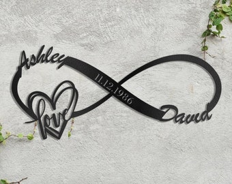 Personalized Infinity Metal Name Sign, Custom Wedding Date Wall Art