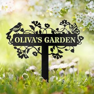 Custom Metal Garden Decor, Bird with Flower Garden Sign, Flower Design, Personalized Garden Sign, Custom Garden Name Sign, Home Gift