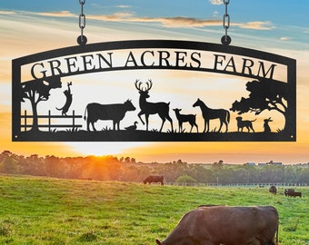 May include: Black metal sign with the words "GREEN ACRES FARM" and silhouettes of farm animals. The sign hangs from chains against a sunset backdrop. The farm animals include a cow, deer, horse, and dog.