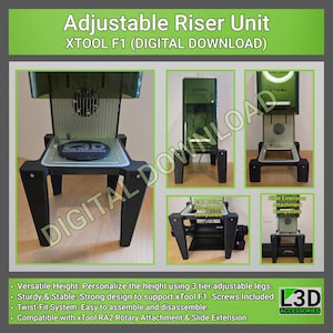 May include: Black 3D printed adjustable riser unit for a 3D printer. The riser has three adjustable legs and is compatible with xTool F1, RA2 Rotary Attachment, and Slide Extension. The riser is shown with a 3D printer on top of it.