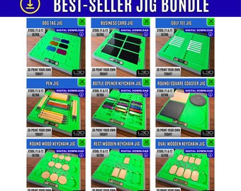 May include: A digital download graphic showcasing a bundle of nine jigs, including dog tag, business card, golf tee, pen, bottle opener keychain, coaster, and wooden keychain jigs. The jigs are green with black insets, and the text "XTOOL F1 & F2 ULTRA" is visible.