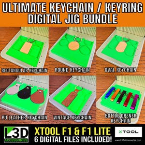 Puede incluir: Una variedad de llaveros y llaveros, que incluyen llaveros de madera rectangulares, redondos y ovalados, llaveros de cuero PU, un llavero vintage y llaveros abrebotellas. La imagen incluye el texto "ULTIMATE KEYCHAIN / KEYRING DIGITAL JIG BUNDLE".