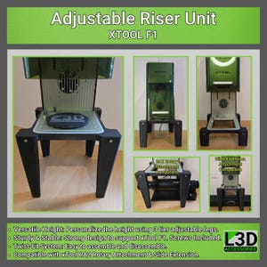 Puede incluir: Un elevador negro para impresora 3D con patas ajustables. El elevador es compatible con XTOOL F1 y RA2 Rotary Attachment. El elevador está hecho de plástico negro y tiene un logotipo XTOOL verde en el lateral.