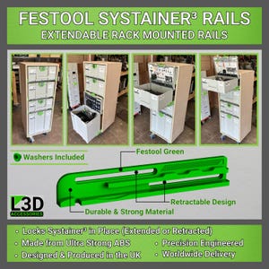 Puede incluir: Rieles Festool Systainer3 verdes para montaje en rack. Las rieles son extensibles y tienen un diseño retráctil. Están fabricadas en ABS duradero y resistente e incluyen arandelas. El texto "Festool Green" y "Retractable Design" es visible en la imagen.