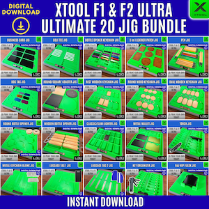 May include: A digital download graphic showcasing 20 jigs for XTOOL F1 & F2 Ultra. Each jig is displayed on a green base, with labels like "Business Card Jig" and "Bottle Opener Keychain Jig". The text "Instant Download" is at the bottom.
