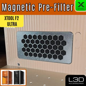 May include: A magnetic pre-filter for the XTOOL F2 ULTRA laser machine. The filter has a honeycomb pattern and is mounted on a light-colored surface. The image also includes the XTOOL logo and the L3D Accessories logo.