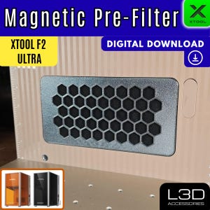 May include: A magnetic pre-filter for the XTOOL F2 ULTRA laser machine. The filter is rectangular with a honeycomb pattern and is mounted on a light-colored wooden surface. The image includes the text "DIGITAL DOWNLOAD" and the XTOOL logo.