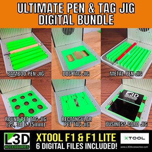 May include: A digital bundle of jigs for crafting pens, dog tags, and business cards. Includes bamboo pen, metal pen, dog tag, round pet tag (2.5, 3.0 & 3.5cm), rectangular pet tag, and business card jigs. The text reads "ULTIMATE PEN & TAG JIG DIGITAL BUNDLE".