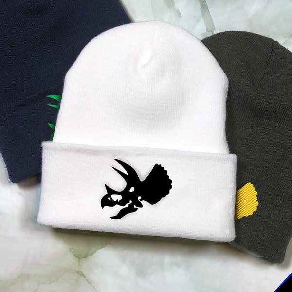 Triceratops Dinosaur Skull Embroidered Beanie |Fun Fossil Sweater Accessories, Gamer Gifts, Soft Cozy Knit Beanie, Trendy Geek Beanie, B0038