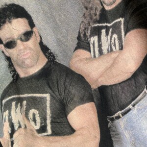 May include: Two men wearing black t-shirts with the letters "nWo" in a white box, and sunglasses. The men are standing close together, with one giving a thumbs up. The background is a light gray color.