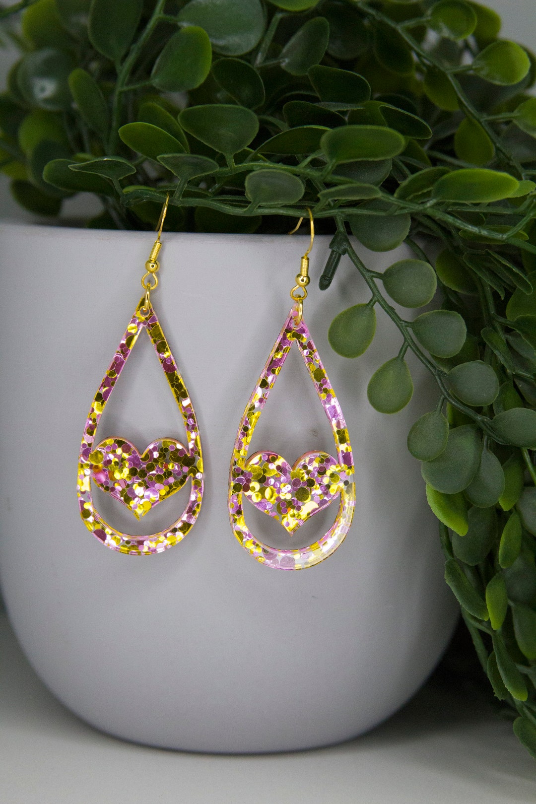 Gold and Pink Heart Drop Pendant Earrings, Valentines Day - Etsy