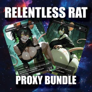 May include: Two "Relentless Rat" proxy cards with anime-style illustrations of female rat characters. The cards have a dark color scheme with the text "RELENTLESS RAT" and "PROXY BUNDLE". The cards are set against a cosmic background.