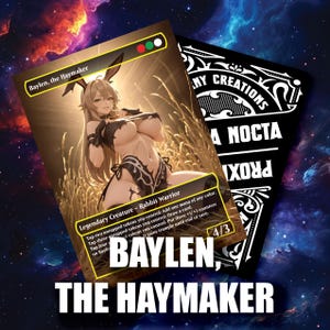 Könnte beinhalten: Eine Fantasy-Art-Karte mit einer weiblichen Figur mit Hasenohren, betitelt "Baylen, the Haymaker". Die Karte hat einen Weizenfeldhintergrund und enthält Spieltext. Im Hintergrund ist eine schwarze Karte mit weißem Text zu sehen.
