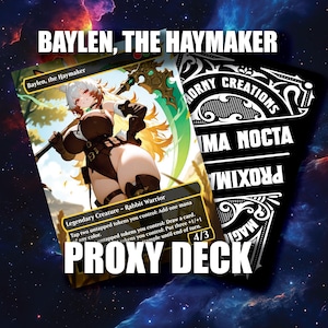 May include: A trading card featuring an anime-style rabbit warrior character named Baylen, the Haymaker, with white hair and a brown outfit, holding a large weapon. Beside it is a black card back with white text reading Horny Creations, Anima Nocta.
