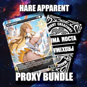 May include: A proxy bundle featuring a card with the text "Hare Apparent" and an illustration of a female character with bunny ears. The card has a white and yellow outfit. The back of the card has the text "Horny Creations" and "Magic". The words "Proxy Bundle" are also visible.