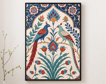 Iznik Birds Wall Art Print – Ottoman Turkish Tile, Floral Decor