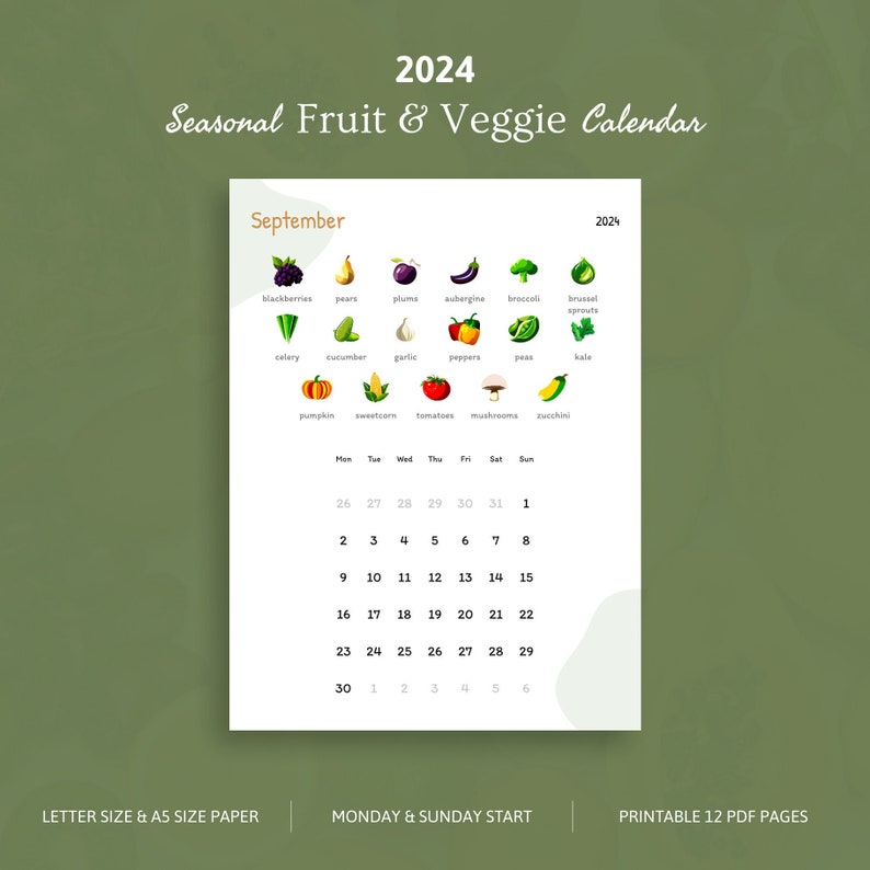 2025 Seasonal Fruit & Veggie Calendar Letter and A5 Size Portrait