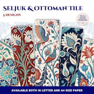 Puede incluir: Cinco diseños de azulejos Seljuk y Otomanos imprimibles digitalmente. Los diseños presentan intrincados motivos florales, pájaros y patrones geométricos en tonos azules, rojos y blancos.