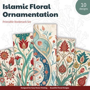 Puede incluir: Un conjunto de marcapáginas imprimibles con ornamentación floral islámica. Los marcapáginas muestran intrincados diseños florales en tonos rojos, turquesa y azules. El texto de la imagen dice "Islamic Floral Ornamentation" y "Printable Bookmark Set".