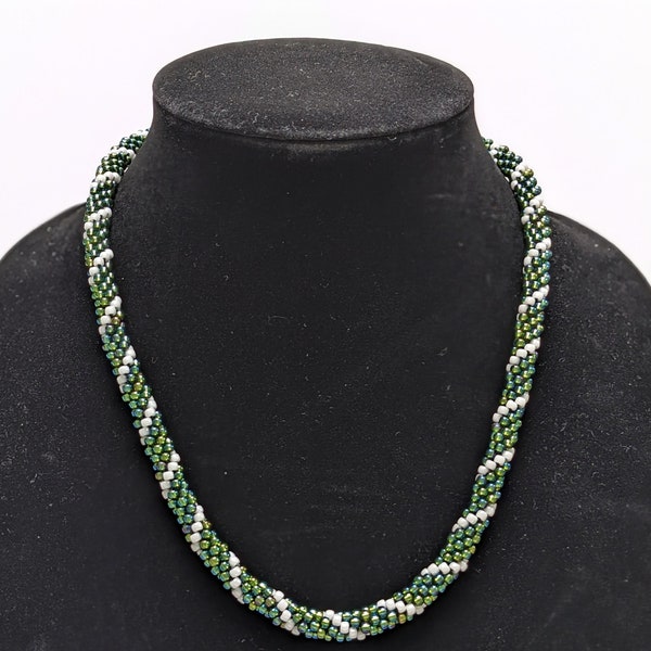 Green/white handmade accessory sparkly braided necklace fun elegant bling decorative versatile beads gift for beaded bauble