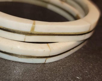 VTG Bone w Brass Bangles Set- 2 Natural Bone/ Horn Bracelets Bohemian Eclectic