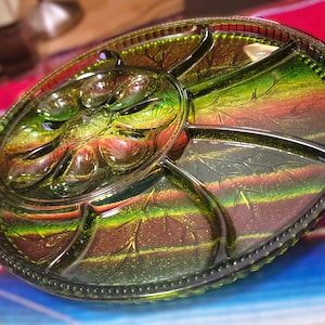 Indiana Green Glass Deviled Egg & Relish Dish Serving Platter 13&quot; Entertaining