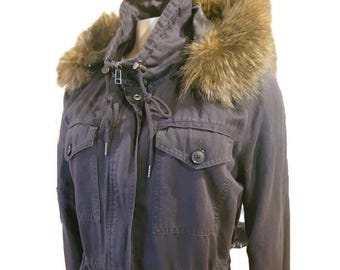 LOFT Cargo Utility Charcoal Grey Zip up & snap Removable Hood Fur Trim Petite Lg
