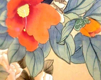 Gongbi Painting On Silk, Red White Flowers w/ Poetic Script & Chinese Seals VTG