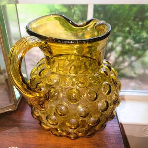 VTG Amber Glass Hobnail Pitcher wide belly applied handle hand blown 8.25&quot; H MCM