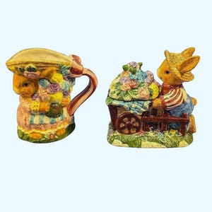 Springtime Bunnies Mini Pitcher & Jar Set Floral Spring Decor Cream  Sugar *New