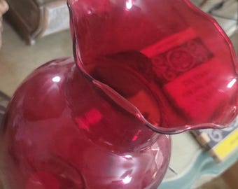 Vtg Ruby Red Indiana Glass flower Vase 11" Trumpet Crimped Ruffled top MCM Mint