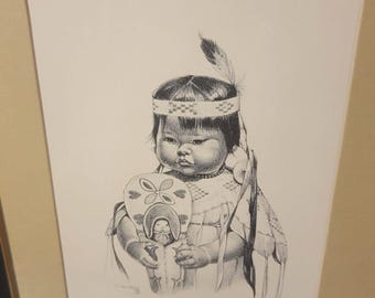 VERA LOUISE DRYSDALE Dibujo al carbón Niño indígena lakota nativo americano firmado