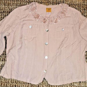 Ruby Rd Jacka Dam 20W Persika Rosa Ros Utsmyckad Halsringning Kavaj Linne Faircore